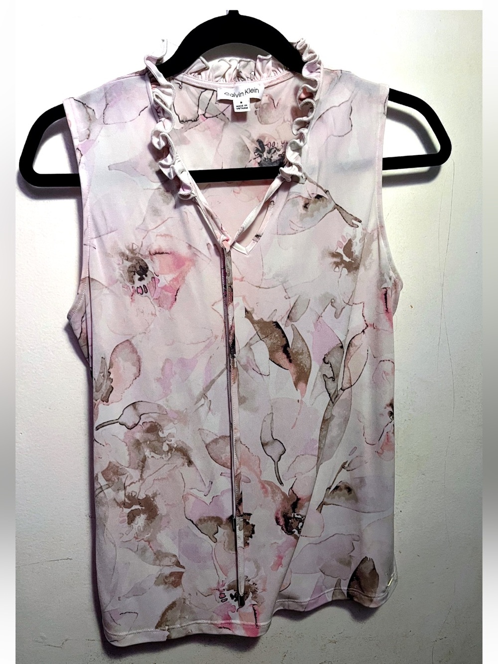 Calvin Klein Pink and Beige Floral Ruffle Neck Sleeveless Top